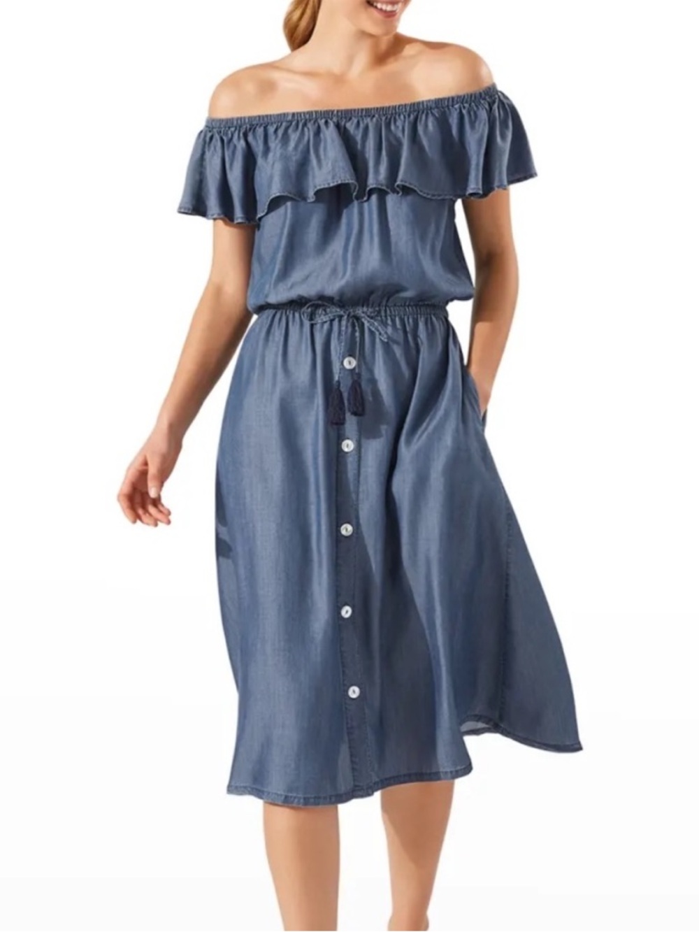 Tommy Bahama Off-Shoulder Ruffle Blue Midi Dress with Drawstring Waist - Picture 10 of 12